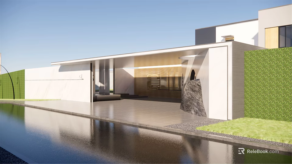 Modern Entrance Gate Design With White Building Water Feature Greenery And Stone Decoration 3d model 