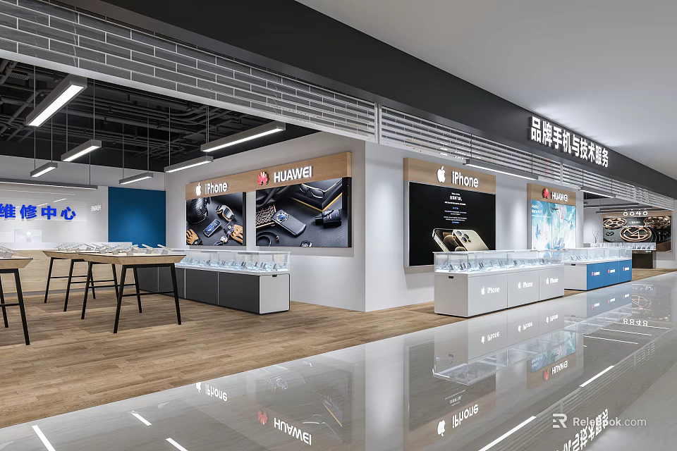 Modern Digital Store Interior With Huawei Products Display Counters And Screens 3d model 