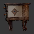 Brown And White Bedside Table With Round Top Decorative Patterns Two Drawers And Curved Legs