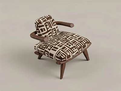Modern Upholstered Armchair With Brown White Geometric Pattern And Wooden Legs 3d model