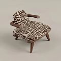 Modern Upholstered Armchair With Brown White Geometric Pattern And Wooden Legs