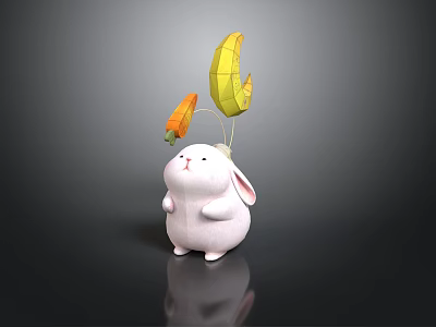 Cute White Rabbit Doll With Yellow Banana And Carrot Shaped Balloons 3d model