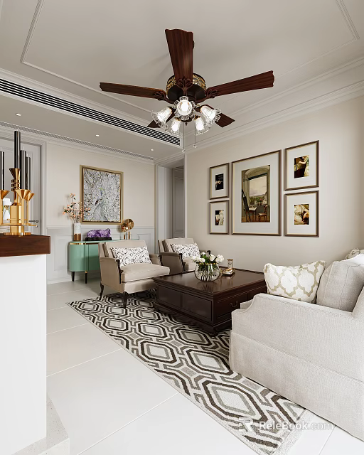Elegant Classic American Style Living And Dining Room Interior With Wall Artworks And Comfortable Sofas 3d model 