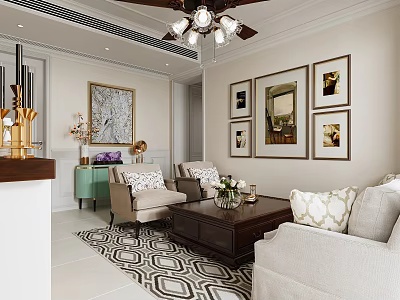 Elegant Classic American Style Living And Dining Room Interior With Wall Artworks And Comfortable Sofas 3d model