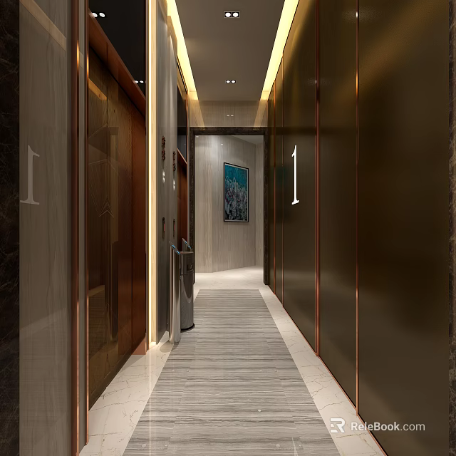 Modern Elevator Hallway With Gold Doors Marble Floor And Decorative Painting 3d model 