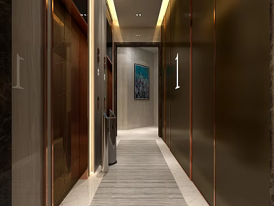 Modern Elevator Hallway With Gold Doors Marble Floor And Decorative Painting 3d model