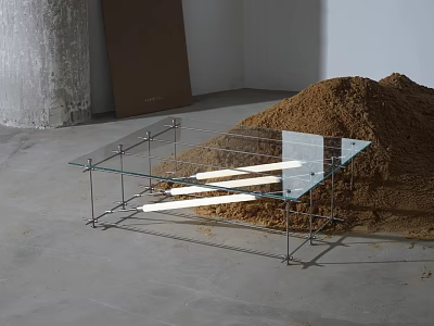 Modern Minimalist Glass Top Coffee Table with Metal Frame and Sand Pile in Indoor Setting 3d model