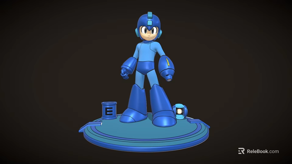 Game Character Blue Robot Figure Standing On Circular Base With E Block And Light Orb 3d model