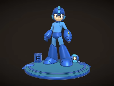 Game Character Blue Robot Figure Standing On Circular Base With E Block And Light Orb 3d model