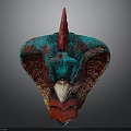 Mythical Creature Head Design With Turquoise Red Spiked Crest Large Ears And Beak