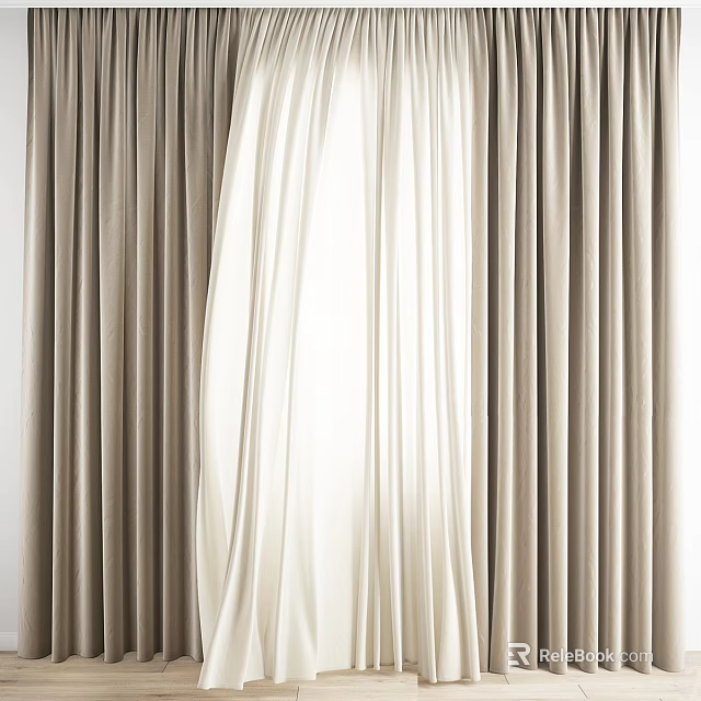 Elegant Beige And White Curtains With Soft Draped Design For Modern Window Interior 3d model 