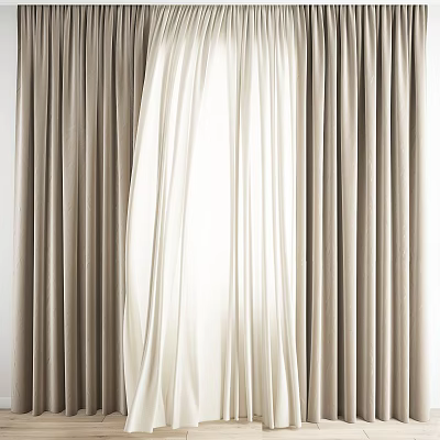 Elegant Beige And White Curtains With Soft Draped Design For Modern Window Interior 3d model