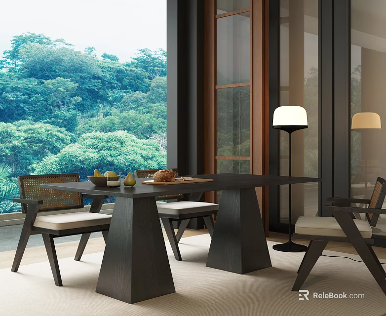 Modern Tea Table And Chairs Interior With Lush Green View Fruits And Floor Lamps 3d model 