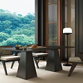 Modern Tea Table And Chairs Interior With Lush Green View Fruits And Floor Lamps