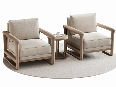 Modern Elegant Light Gray Armchairs With Wooden Armrests Side Table And Round Rug 3d model