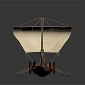 Traditional Wooden Boat With White Sail Prow Decoration Oars And Round Elements On Dark Background
