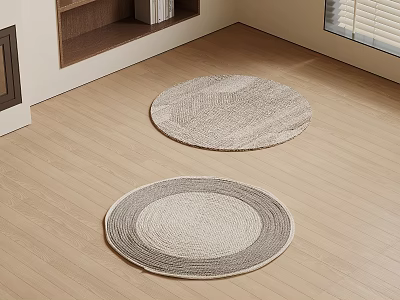 Minimalist Woven Round Rugs In Light Gray And Beige On Wooden Floor 3d model