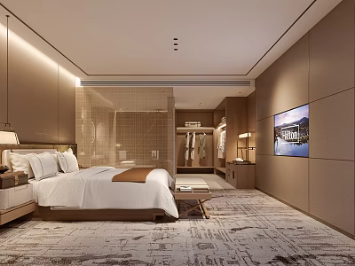 Modern Hotel Guest Room With King Bed White Bedding TV And Glass Enclosed Bathroom 3d model
