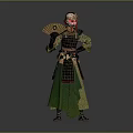 Traditional Attire Character With Red Headdress Holding Fan And Green Black Outfit