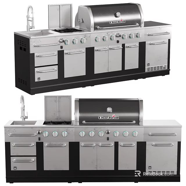 Modern Stainless Steel Kitchen Appliances With Grill Burners Cabinets And Drawers 3d model 