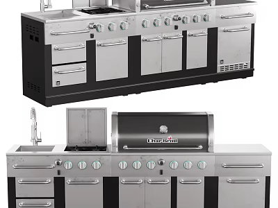 Modern Stainless Steel Kitchen Appliances With Grill Burners Cabinets And Drawers 3d model