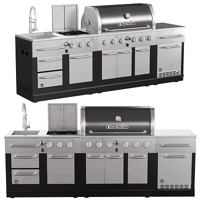 Modern Stainless Steel Kitchen Appliances With Grill Burners Cabinets And Drawers 3d model