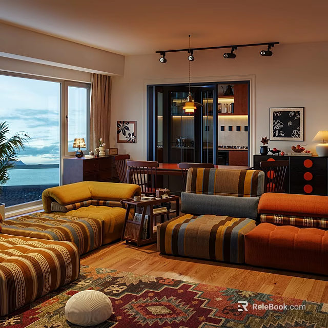 Cozy Living And Dining Room Interior With Colorful Striped Sofas Large Windows And Sea View 3d model 