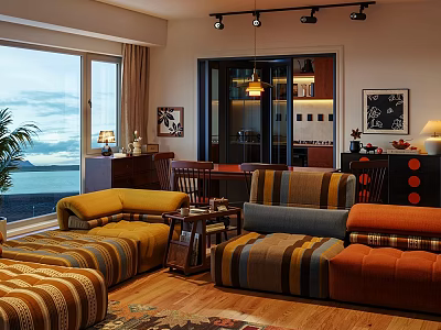 Cozy Living And Dining Room Interior With Colorful Striped Sofas Large Windows And Sea View 3d model