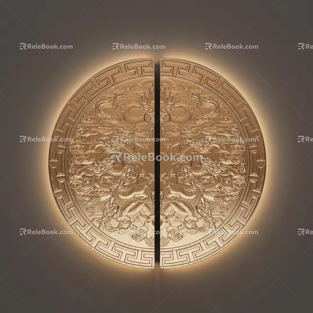 New Chinese Style Handler Copper Door Handler Armored Door Handler Double Door Handler Dragon Pattern Door Handler 3d model
