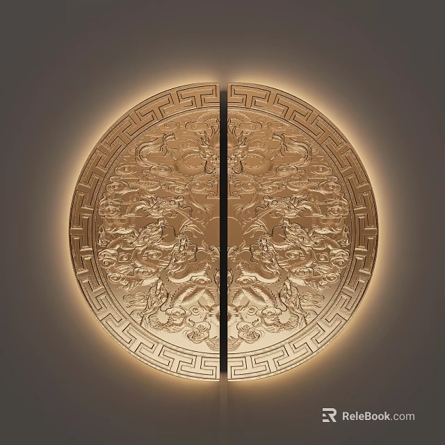Golden Circular Door Handle With Symmetric Dragon Carvings And Luminous Edge Design 3d model 