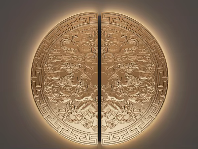 Golden Circular Door Handle With Symmetric Dragon Carvings And Luminous Edge Design 3d model