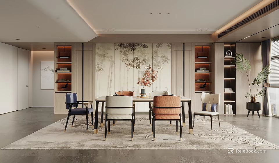 Modern Dining Room Interior Design With Dining Table Mixed Chairs Wall Art Shelves And Rug 3d model 