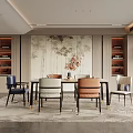 Modern Dining Room Interior Design With Dining Table Mixed Chairs Wall Art Shelves And Rug