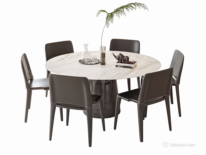 Modern Round Marble Top Dining Table Set with Six Dark Leather Chairs 3d model