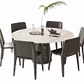 Modern Round Marble Top Dining Table Set with Six Dark Leather Chairs 3d model