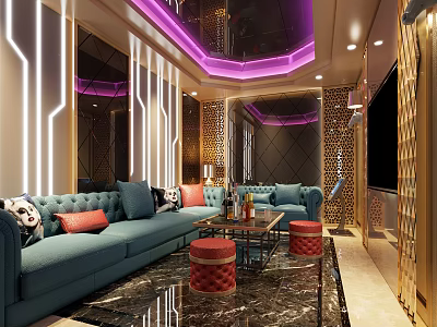 Modern KTV Interior Design With Blue Sofa Purple Lighting And Stylish Decor 3d model