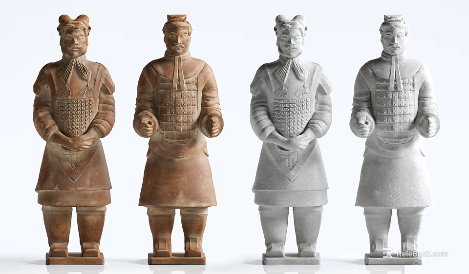 Ancient Terracotta Army Sculptures With Warrior Figures In Armored Attire And Standing Poses 3d model 