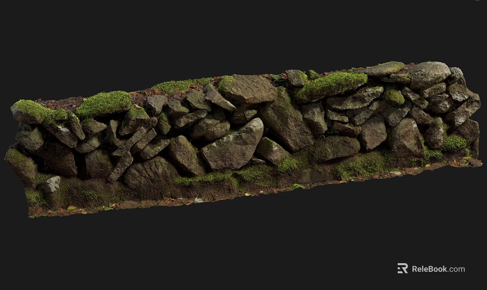 Natural Traditional Building Exterior Wall With Irregular Stones And Green Moss 3d model 