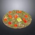 Round Food Platter Decorated With Red Flowers And Green Leaves