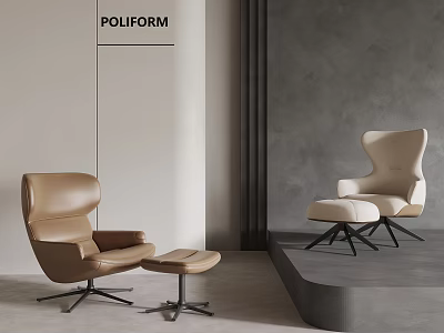 Modern Leather Leisure Chairs With Ottoman And Metal Legs In Minimalist Interior 3d model