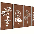 Decorative Feature Wall with Four Panels White Floral Patterns on Brown Background 3d model
