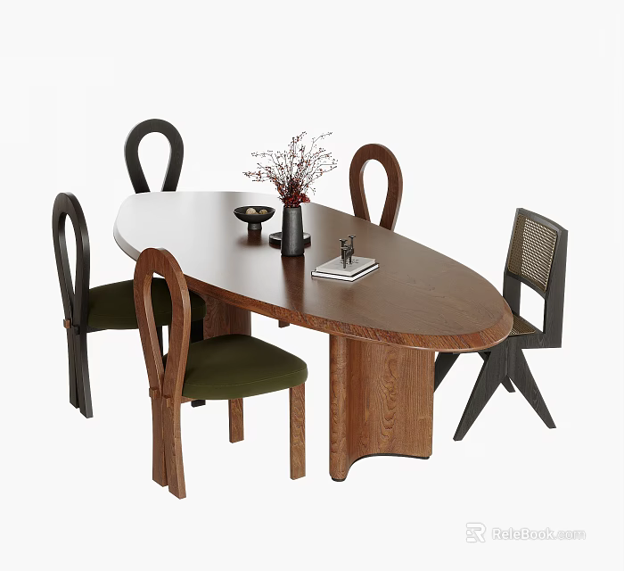 Modern Dining Chairs With Wooden Table Green Seat Black Frame And Decorative Vase Book 3d model 