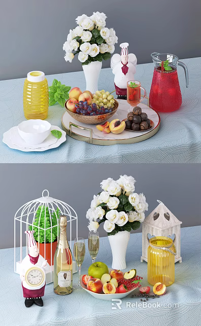 Assorted Fresh Fruits Including Peaches Grapes and Apples on Marble Tray with Blue Tablecloth 3d model 