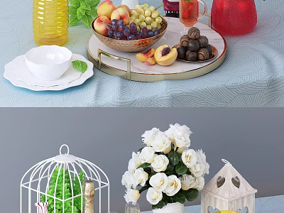 Assorted Fresh Fruits Including Peaches Grapes and Apples on Marble Tray with Blue Tablecloth 3d model