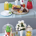 Assorted Fresh Fruits Including Peaches Grapes and Apples on Marble Tray with Blue Tablecloth