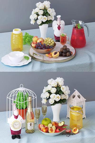 Assorted Fresh Fruits Including Peaches Grapes and Apples on Marble Tray with Blue Tablecloth 3d model