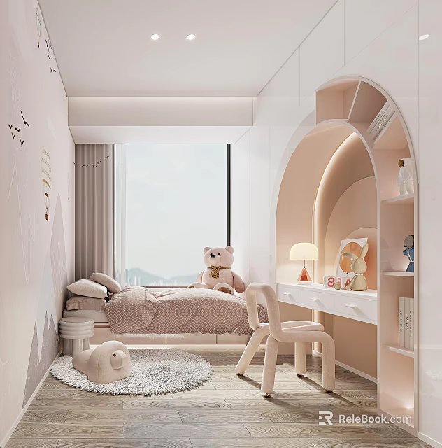 Cozy Kids Room Interior With Soft Tones Bed Teddy Bear Desk Lamp And Butterfly Decor 3d model 
