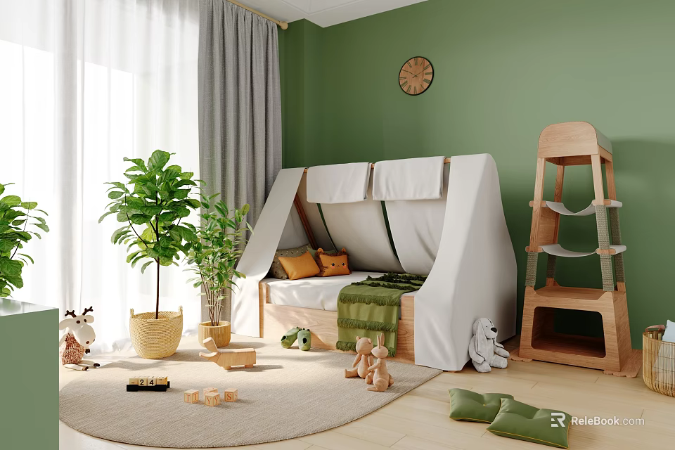 Kids Room Interior Design With Green Wall Tent Bed Wooden Ladder And Plants 3d model 