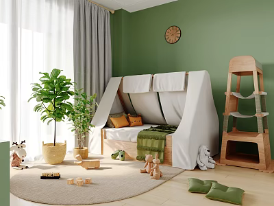Kids Room Interior Design With Green Wall Tent Bed Wooden Ladder And Plants 3d model