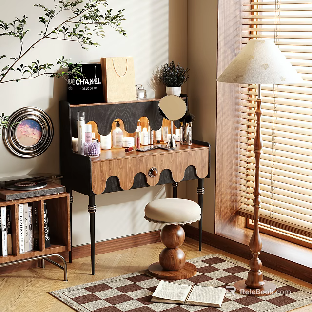 Elegant Wooden Dressing Table Setup With Round Mirror Cosmetics And Decorative Stool 3d model